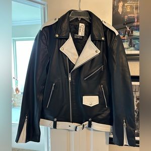 Men’s New Straight to Hell Commando Slim Fit Black & White Leather Jacket Sz 44*
